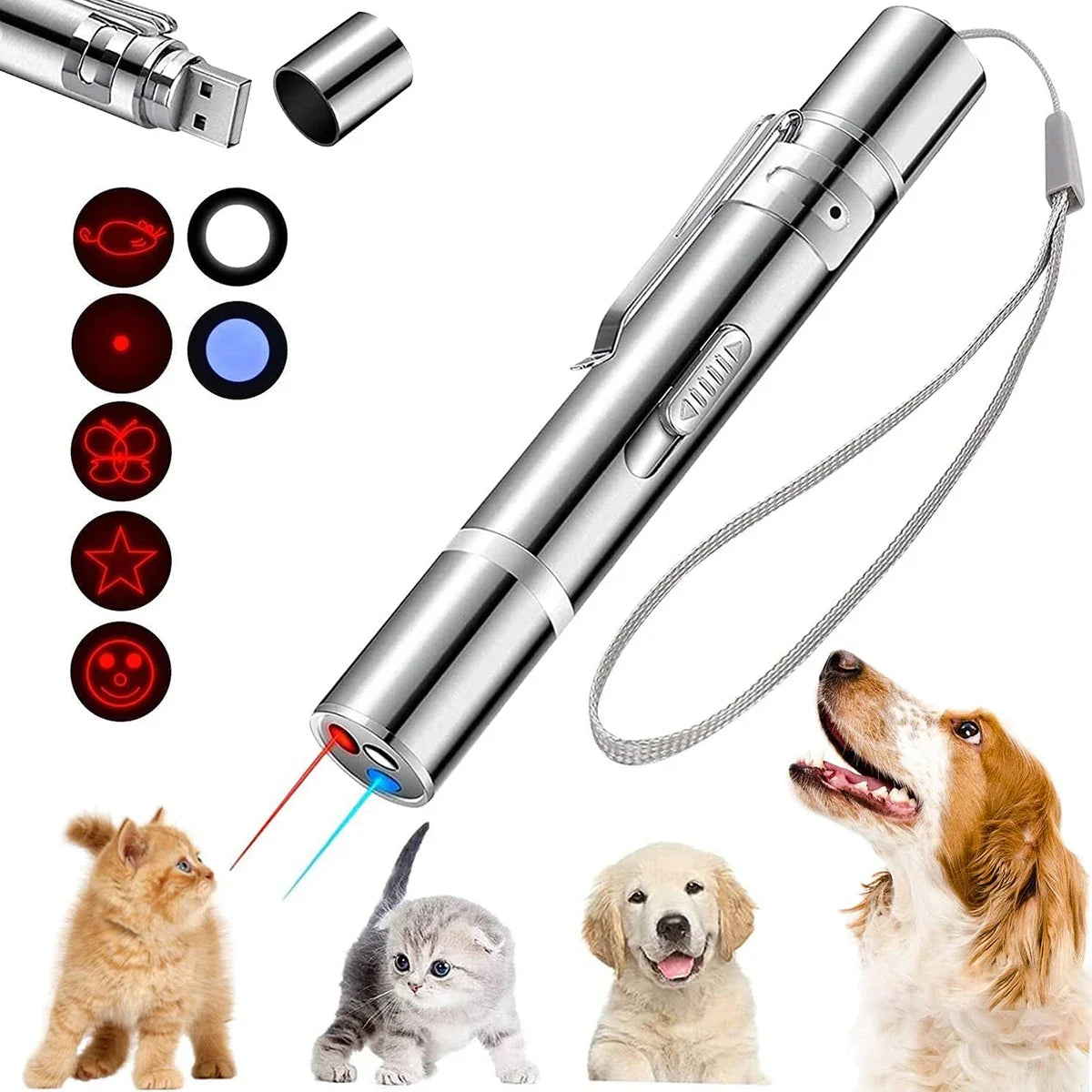 USB rechargeable laser pointer for pets with 5 light caps and multiple beam colors, ideal for dogs and cats.
