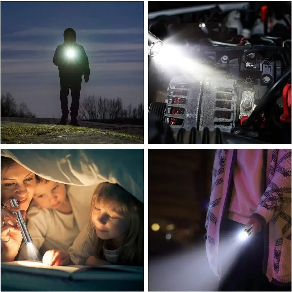 Laser pointer flashlight used in various scenes: walking at night, car repair, bedtime reading, and outdoor tasks.