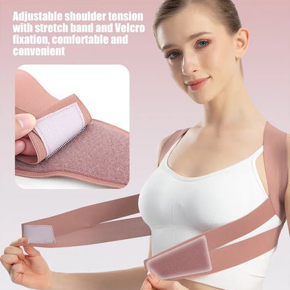 Close-up of adjustable posture corrector showing Velcro stretch band for customizable shoulder tension and comfortable support