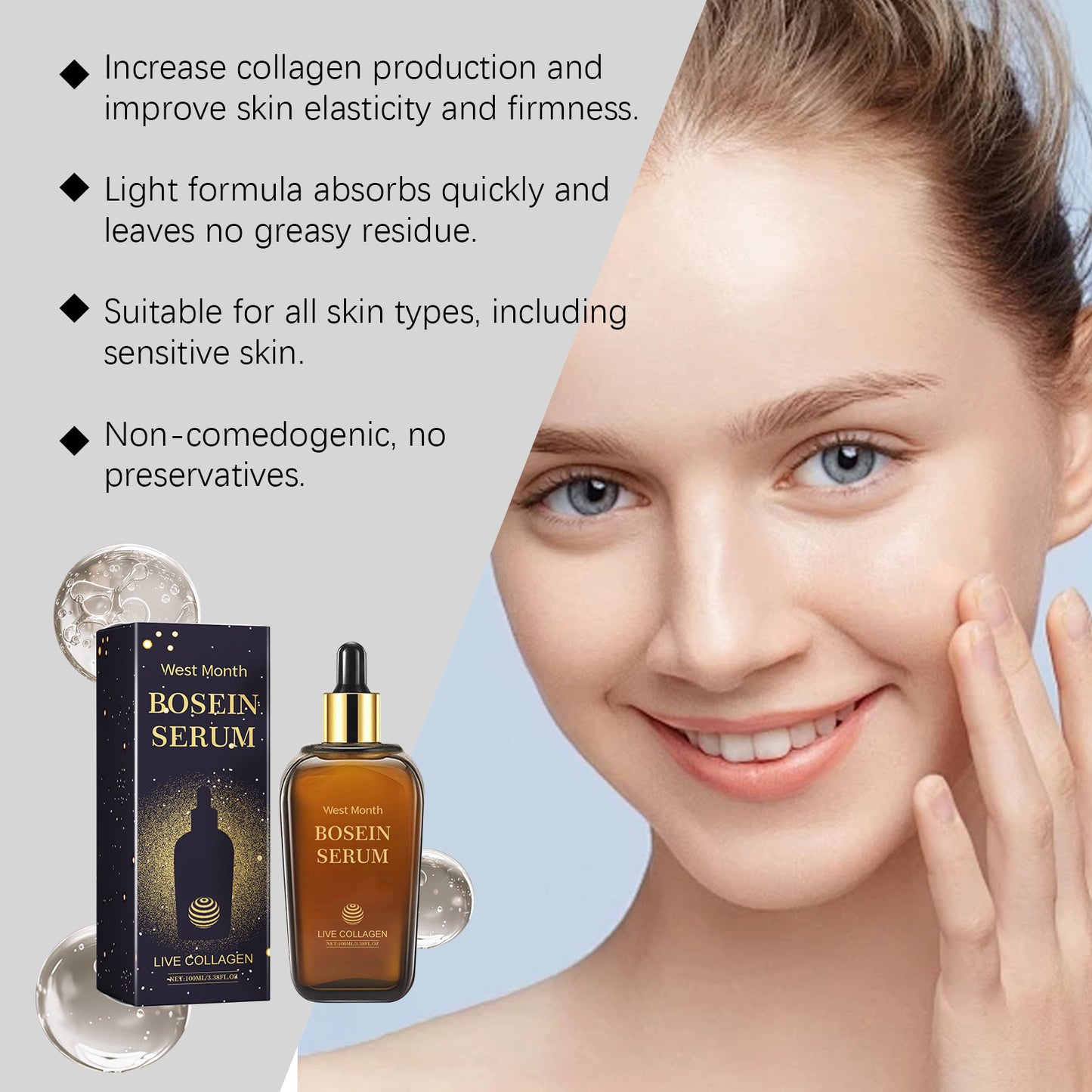 West Month Bosein Serum with model and product benefits listed – collagen boost, fast absorption, suitable for sensitive skin, non-comedogenic BeTrendy