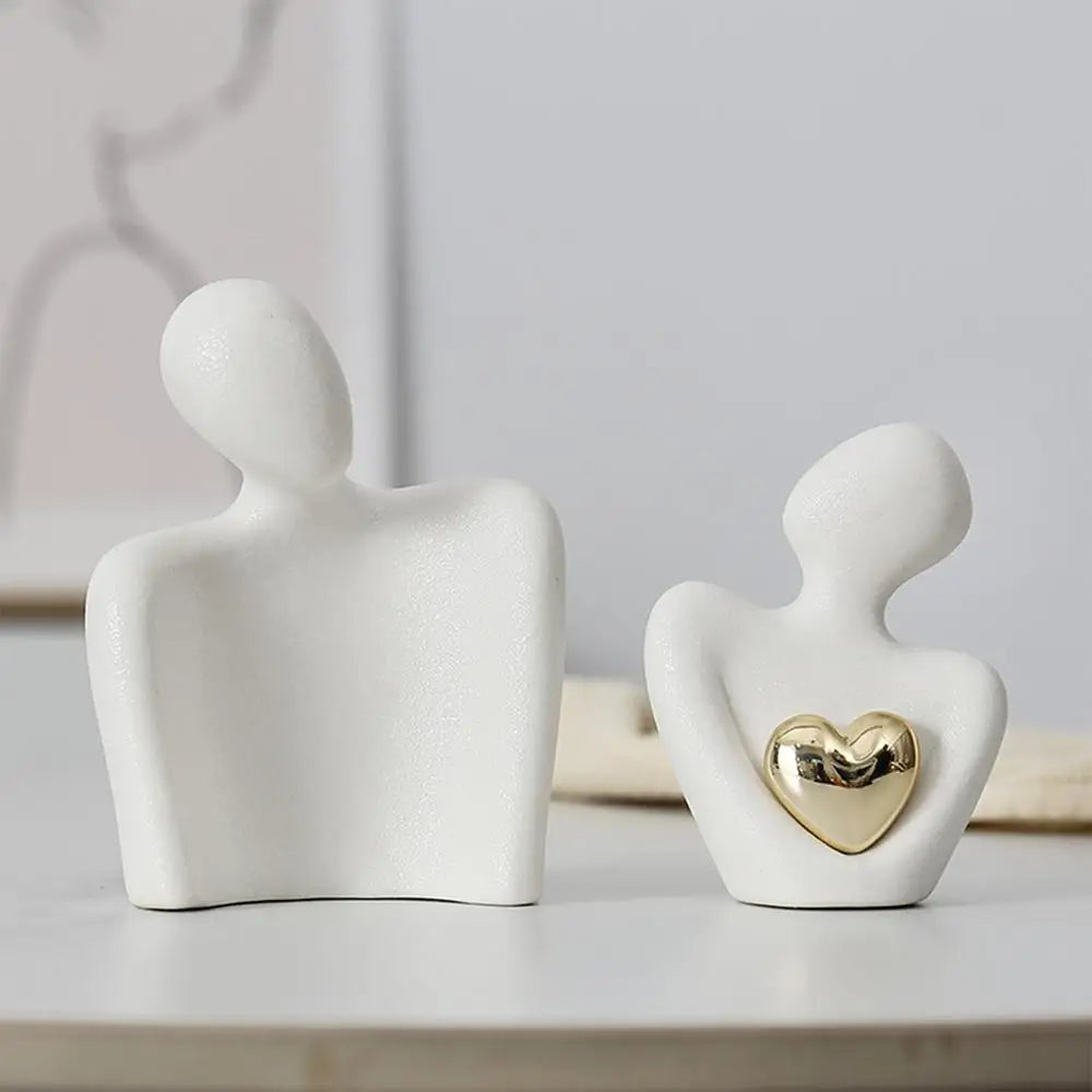 Minimalist white ceramic couple figurines with gold heart, Nordic-style romantic home decor for shelves or tables