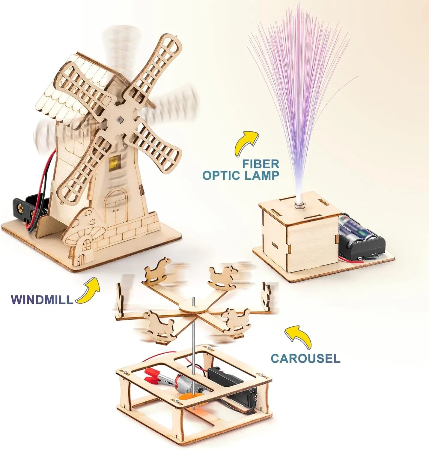 DIY STEM wooden electric windmill, fiber optic lamp, and rotating carousel with battery-operated motors