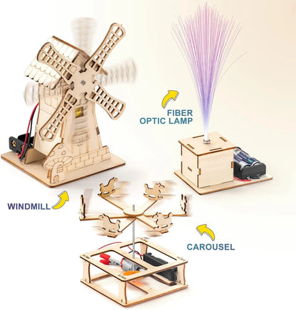 DIY STEM wooden electric windmill, fiber optic lamp, and rotating carousel with battery-operated motors