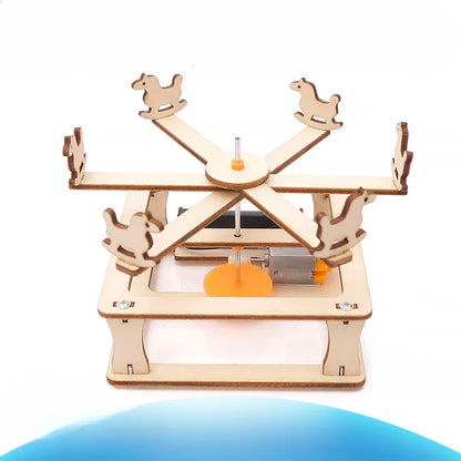 Close-up of electric DIY wooden carousel kit from 5-in-1 STEM puzzle set for kids ages 6 and up