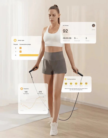 Woman using Mijia smart rope with app-connected fitness metrics overlaid